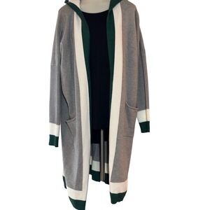 Womens Long Hooded Cardigan Sweater Striped Gray White Green Size L Casual Nice!